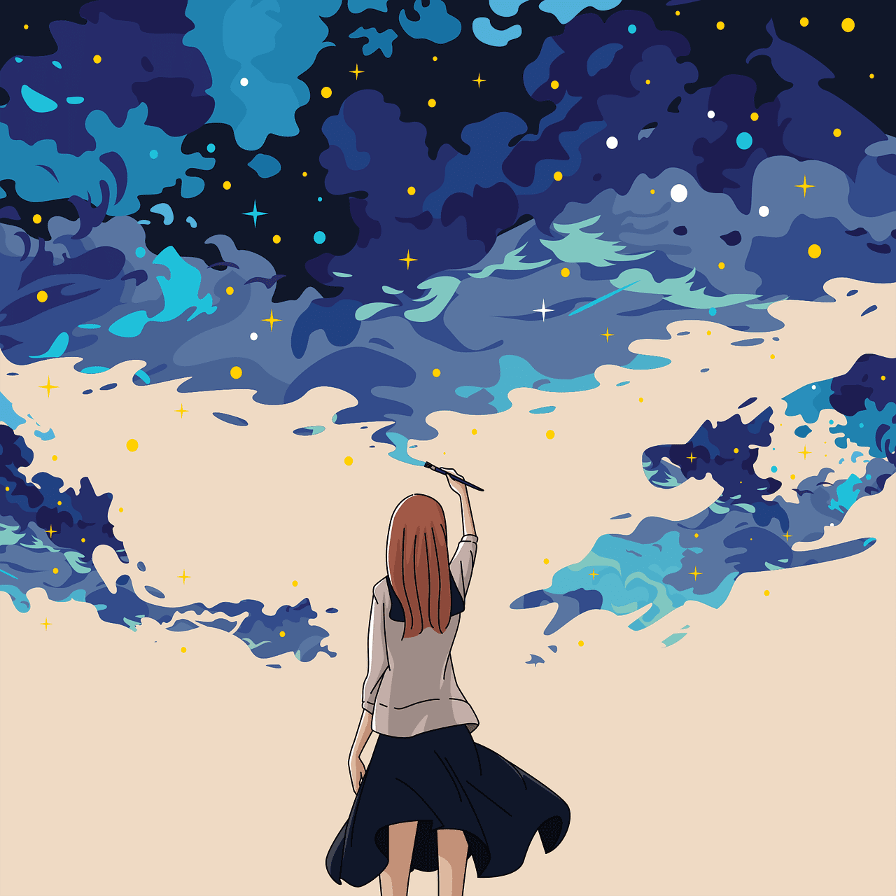 animation of girl painting clouds