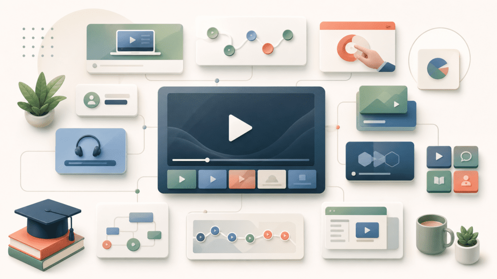 AI video production for customer education shown as a central learning video hub with support modules