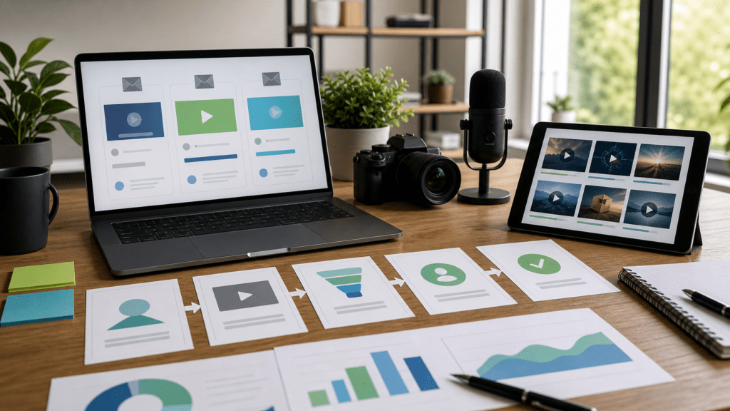 AI video production for lead nurturing shown as abstract B2B email and video journey assets