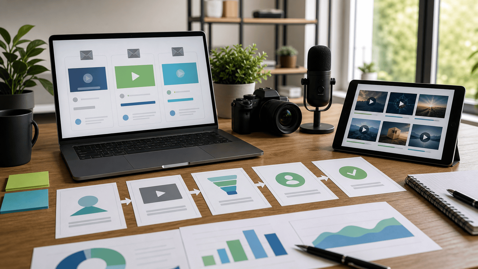 AI video production for lead nurturing shown as abstract B2B email and video journey assets