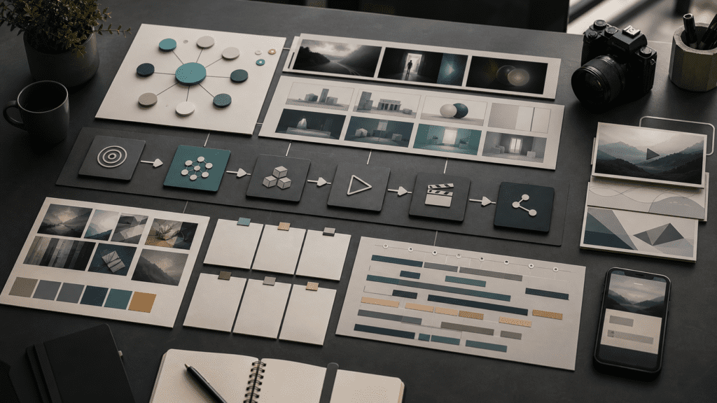AI video production planning board with creative brief cards, storyboard frames, and abstract workflow modules