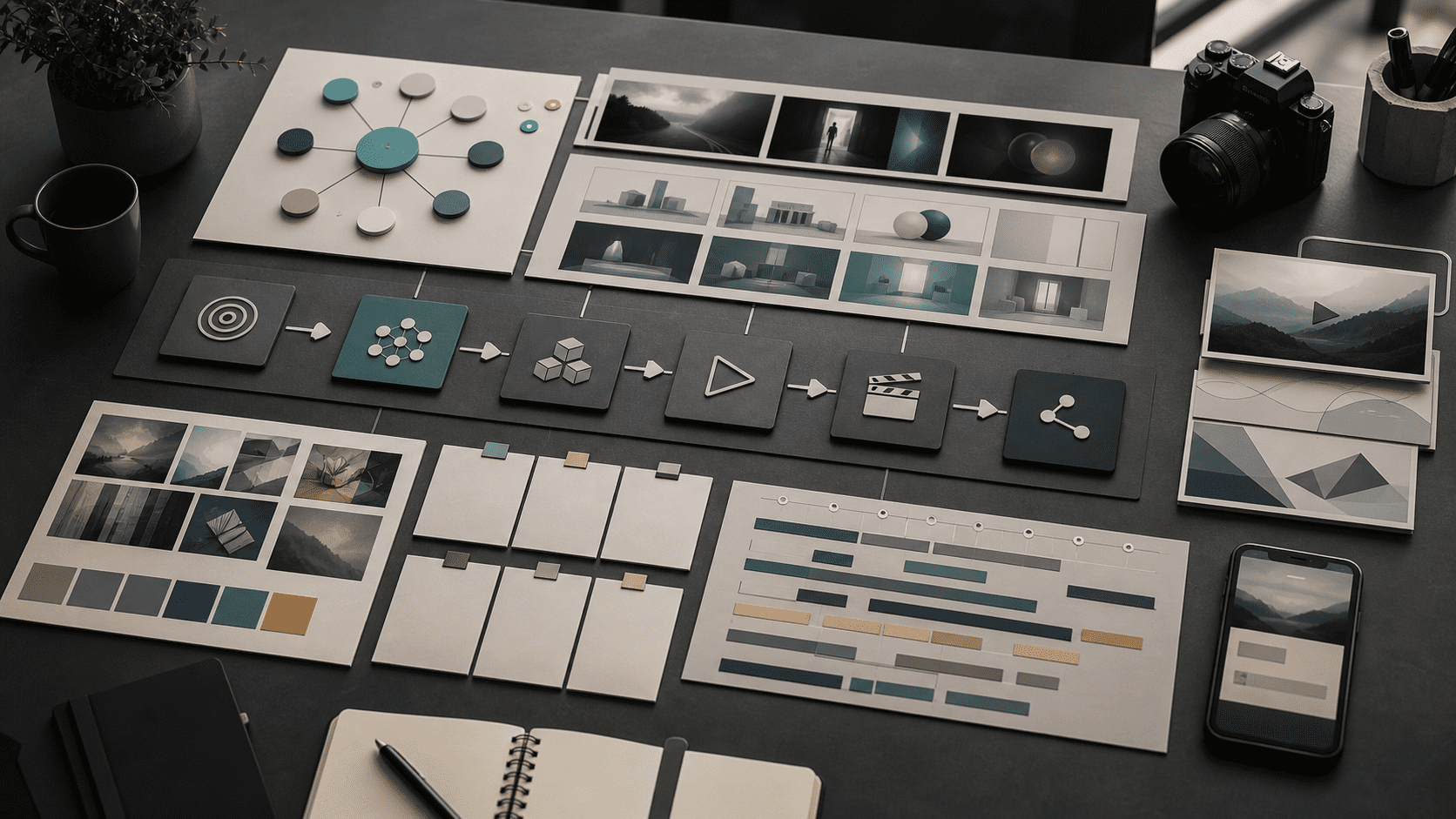 AI video production planning board with creative brief cards, storyboard frames, and abstract workflow modules