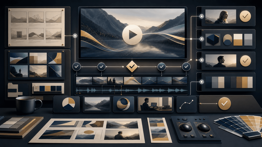 AI video production quality control board with abstract review gates and video frames