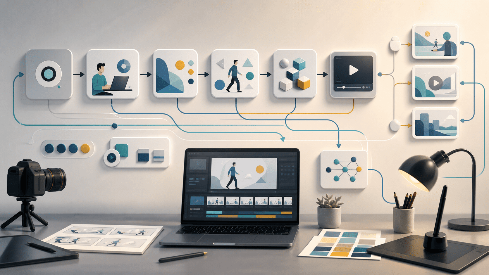 Animated process videos shown as a clear workflow of connected visual steps