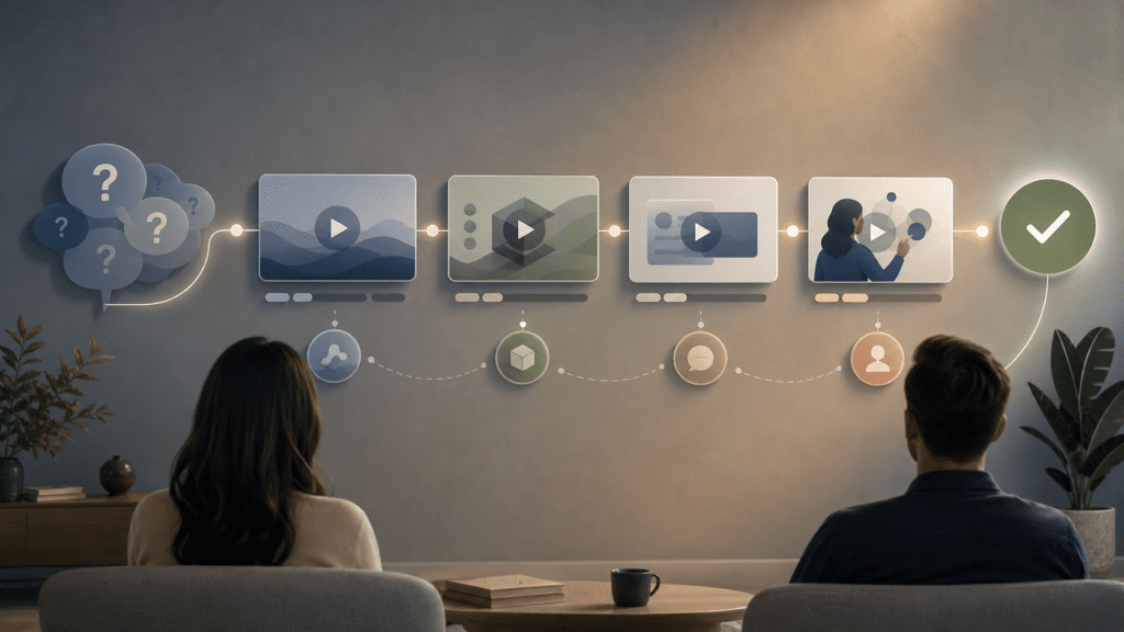 Video for buyer education shown as a visual journey from questions to clarity