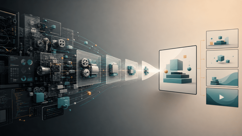 Explainer videos for complex products shown as technical components becoming a simple visual story