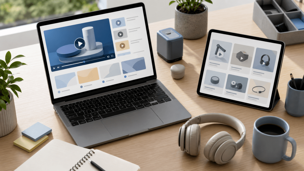 Customer education videos shown as support and learning video modules in a modern workspace