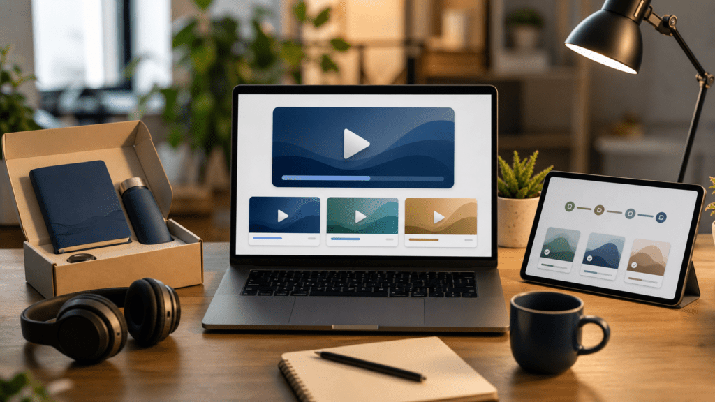 Video for customer onboarding shown as abstract onboarding video modules in a SaaS workspace