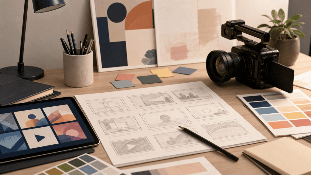 Explainer video brief planning workspace with storyboard frames and creative direction assets