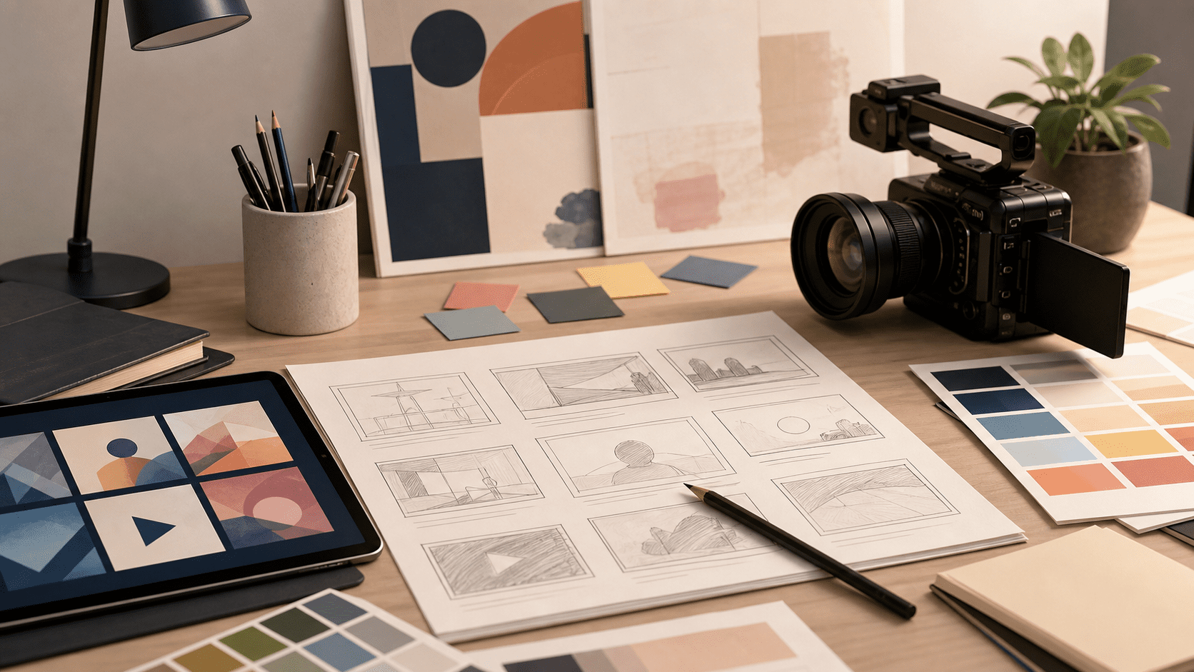 Explainer video brief planning workspace with storyboard frames and creative direction assets