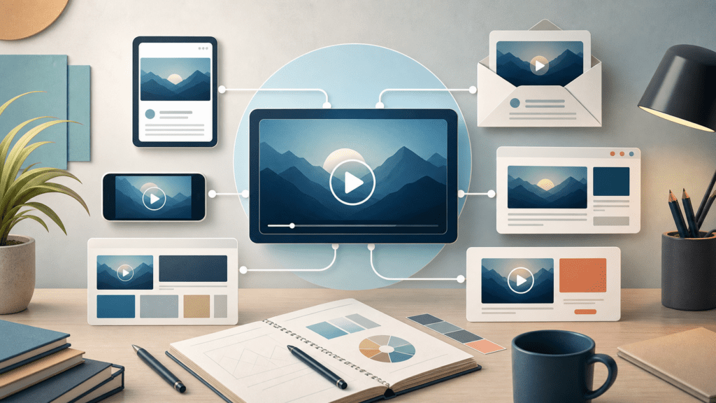 Explainer video marketing campaign system with one core video turning into multiple channel assets