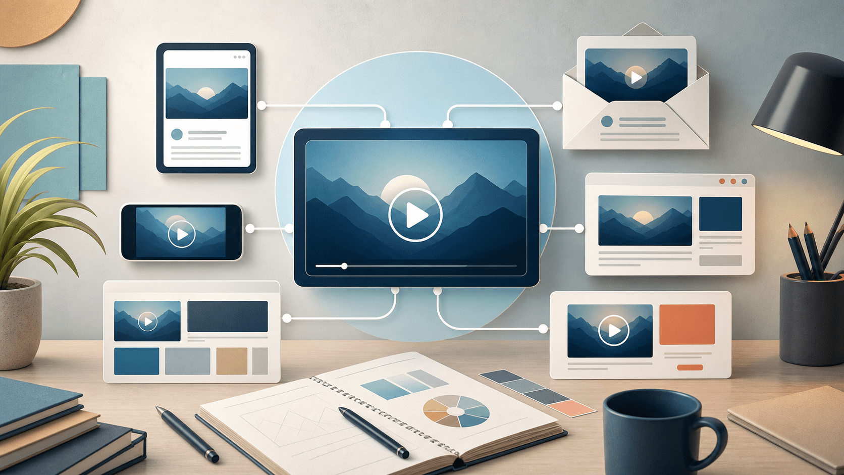 Explainer video marketing campaign system with one core video turning into multiple channel assets