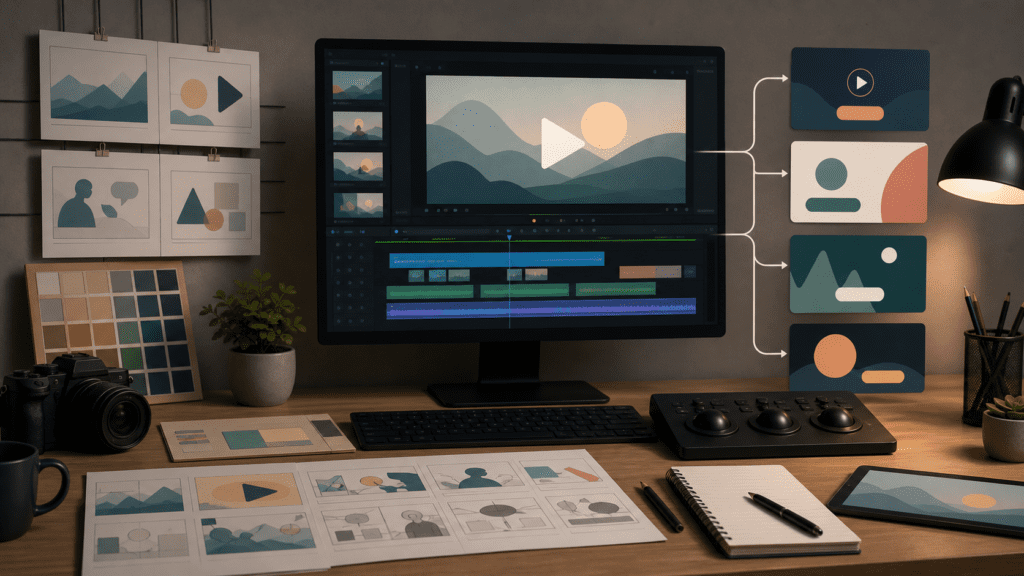 Explainer video CTA examples represented by abstract end screens and video editing frames
