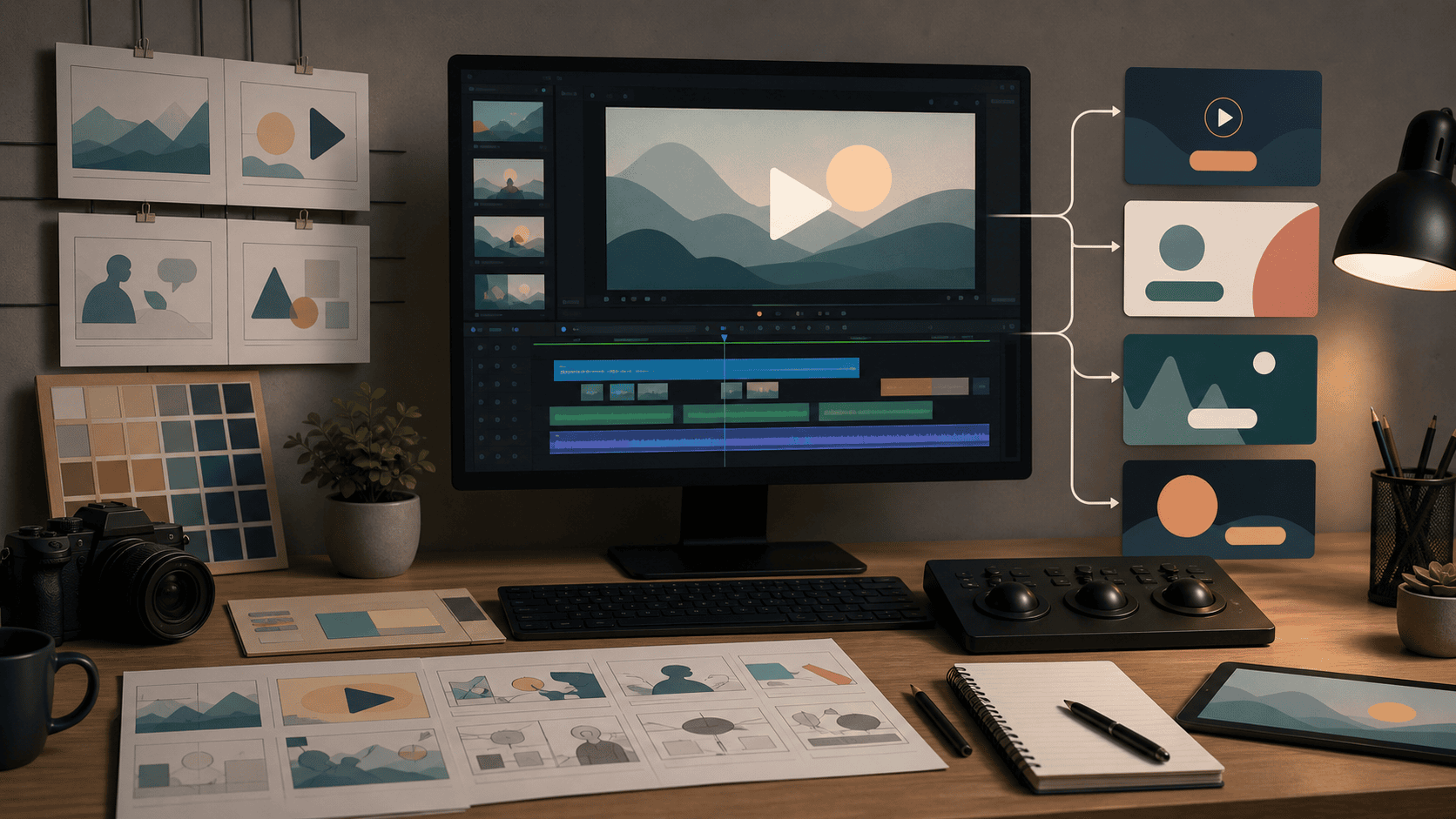 Explainer video CTA examples represented by abstract end screens and video editing frames