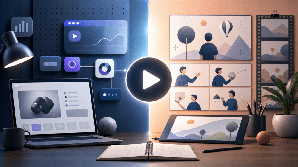 Product demo video vs explainer video comparison shown as abstract business video planning visuals