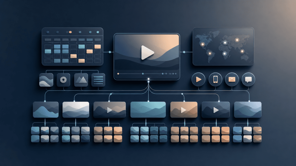 Video content system shown as connected business video assets and production modules